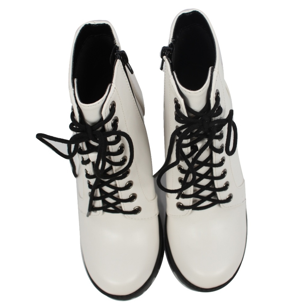 White Lace Up Combat Block Stacked Heel Ankle boot - Picture 4 of 7